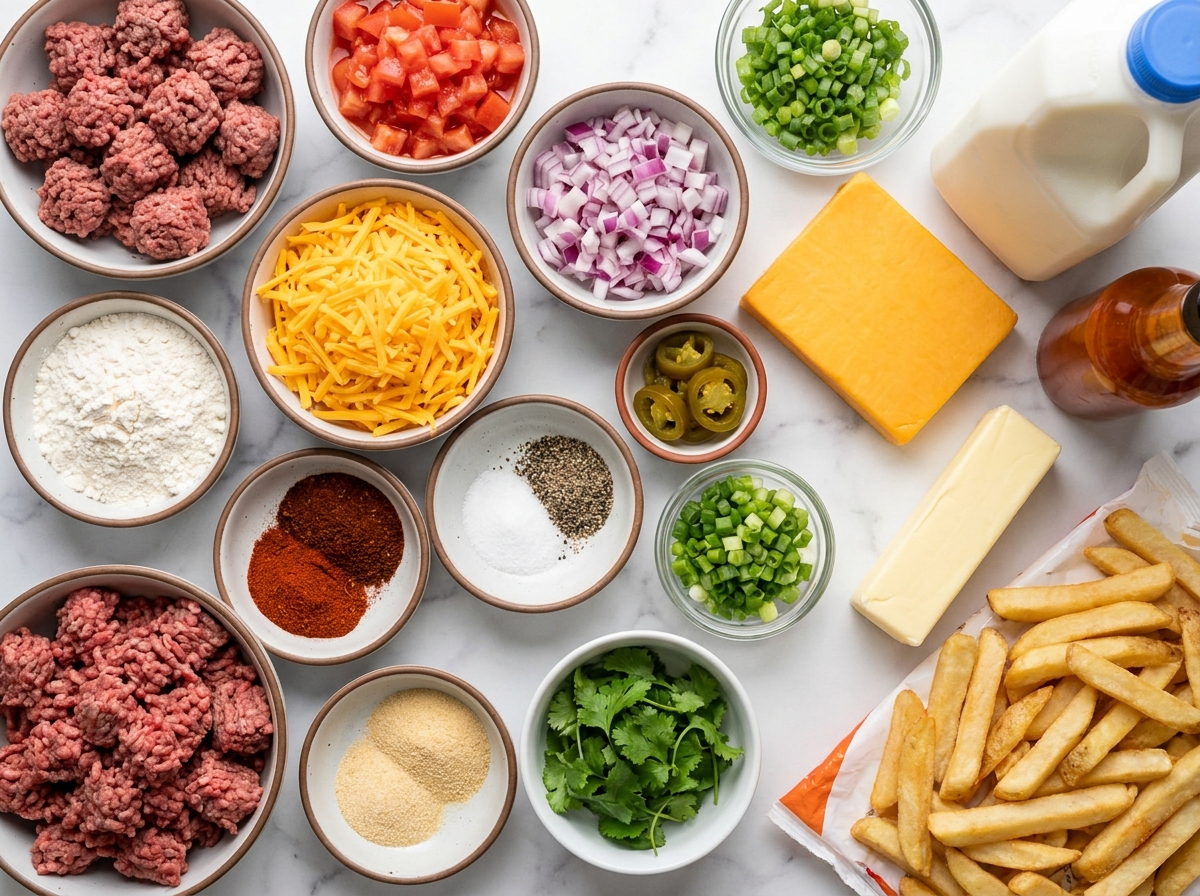 Ingredients for loaded beef cheese fries with cheddar and fresh toppings