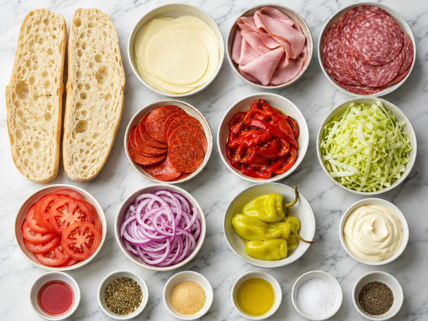 Ingredients for Italian sub panini with meats, cheese, bread, and peppers