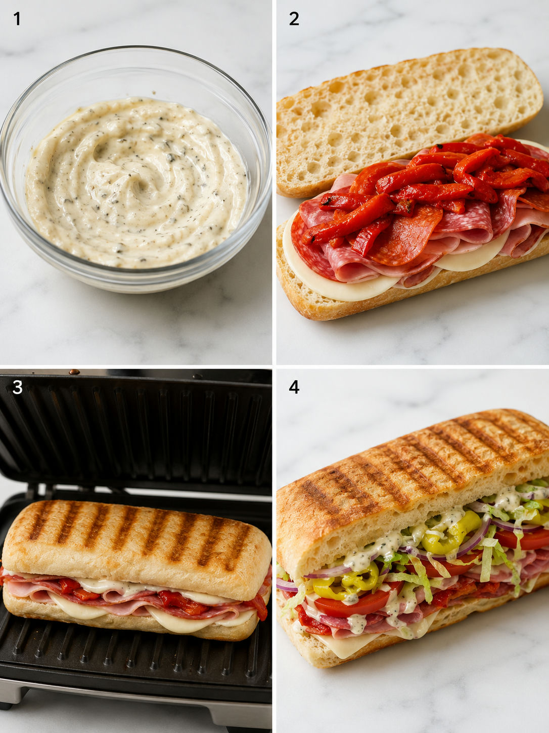 Four steps for making a loaded Italian sub panini
