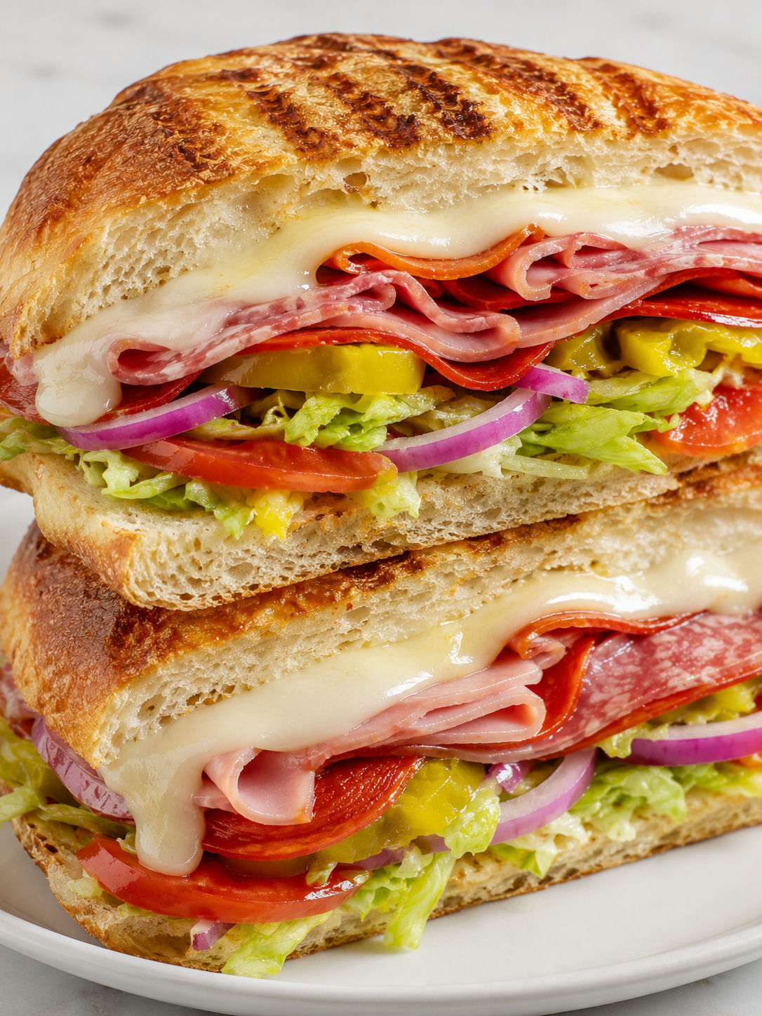 Loaded Italian sub panini halves with melted cheese and deli meats