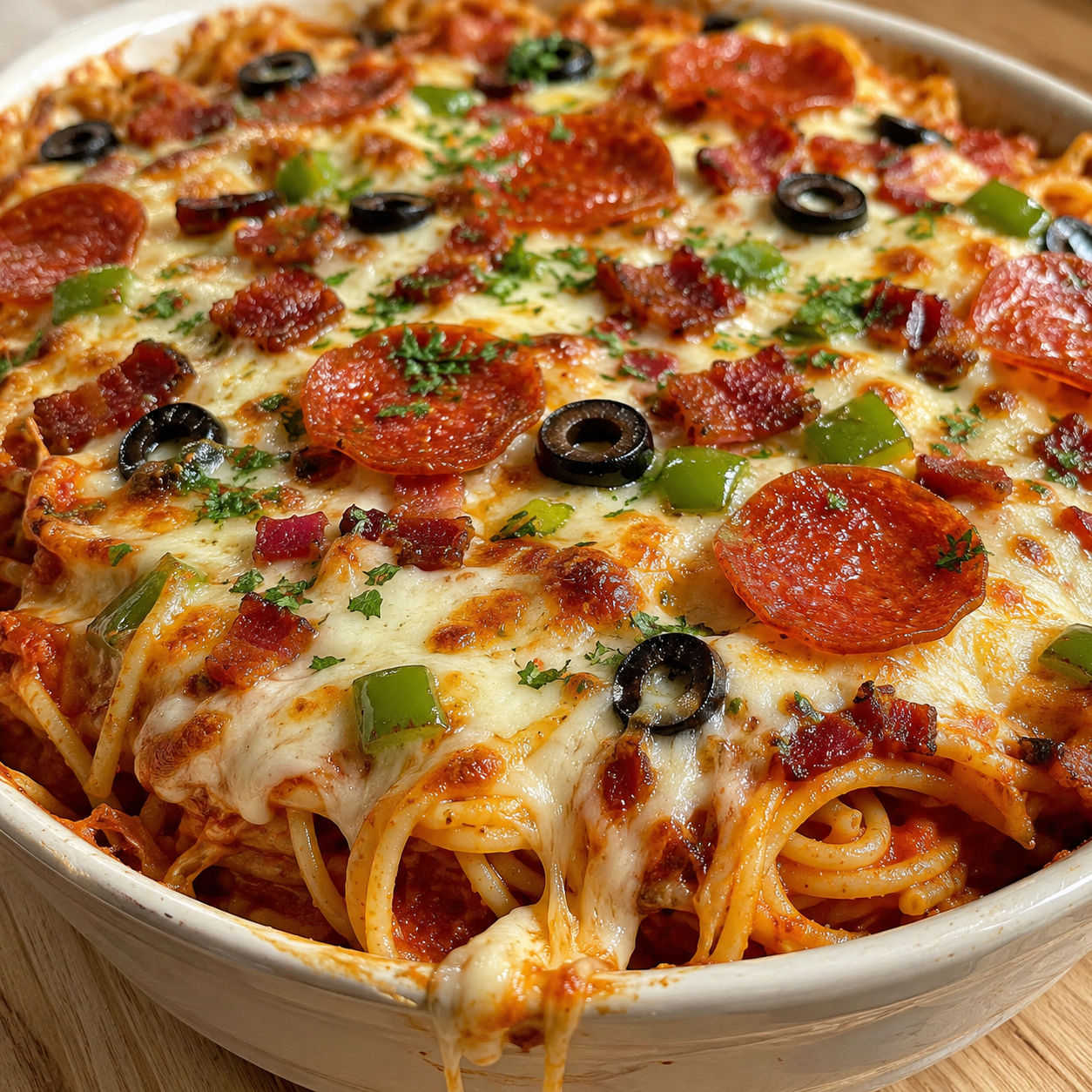 Loaded pizza spaghetti bake with pepperoni, bacon, olives, and melted mozzarella
