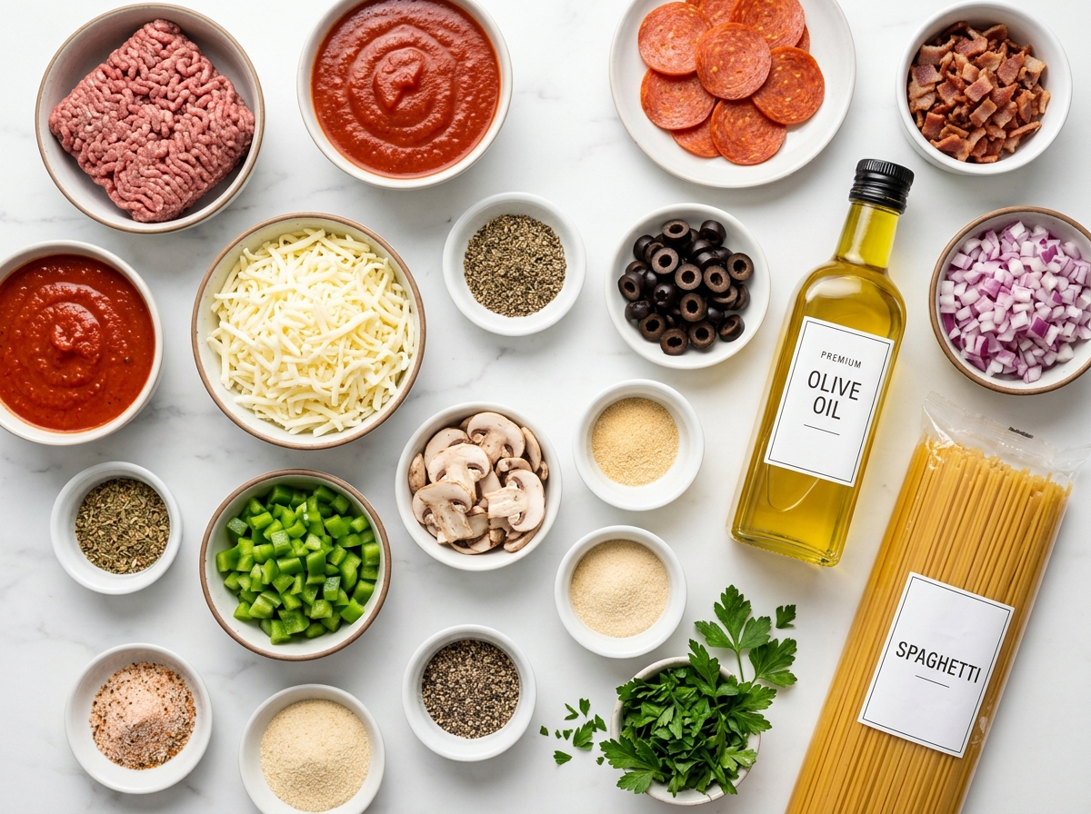 Ingredients for pizza spaghetti bake with pepperoni, bacon, olives, and cheese