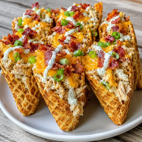 Loaded ranch chicken bacon cheese waffle cones with green onions