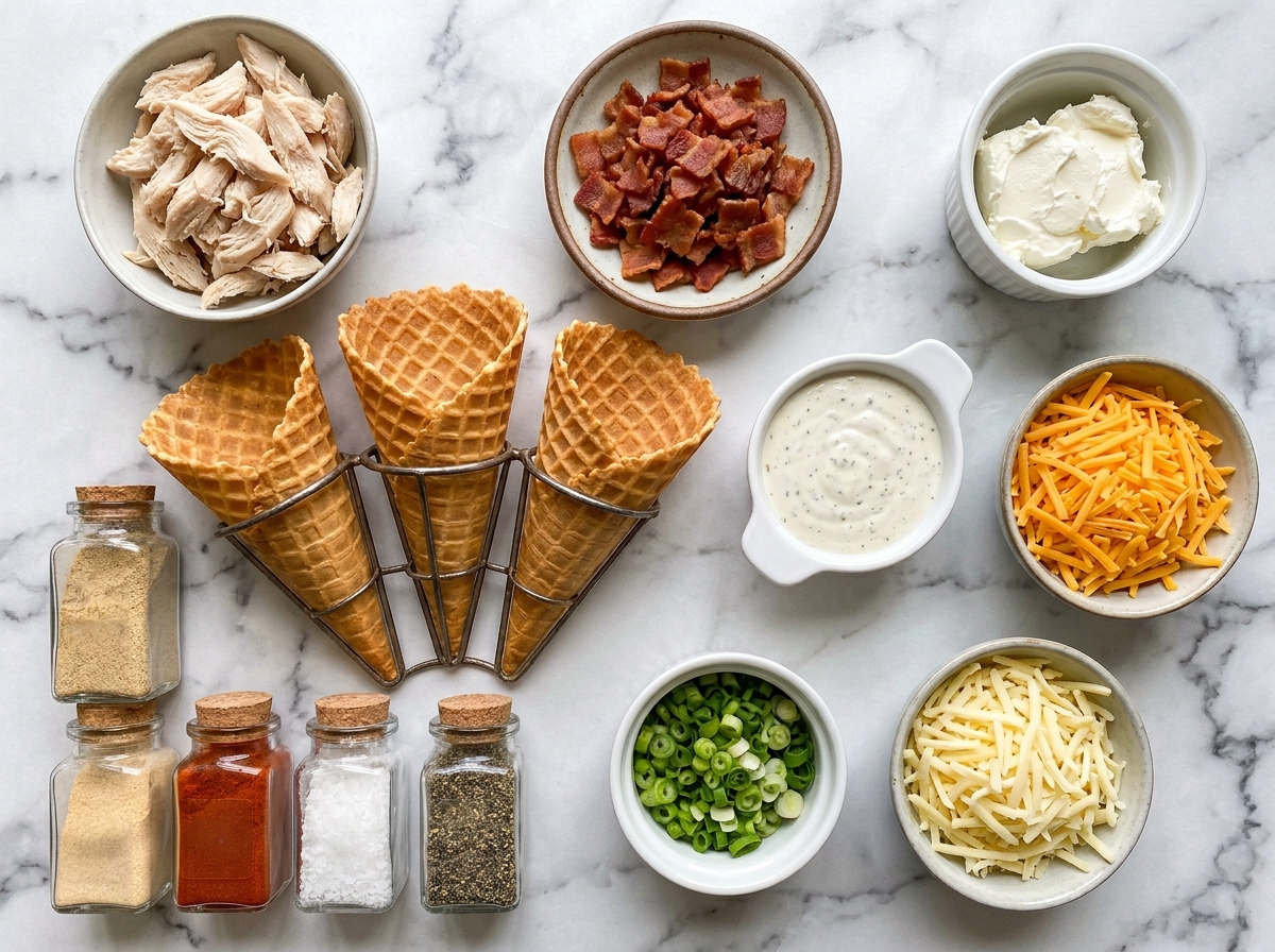 Ingredients for chicken bacon ranch stuffed waffle cones