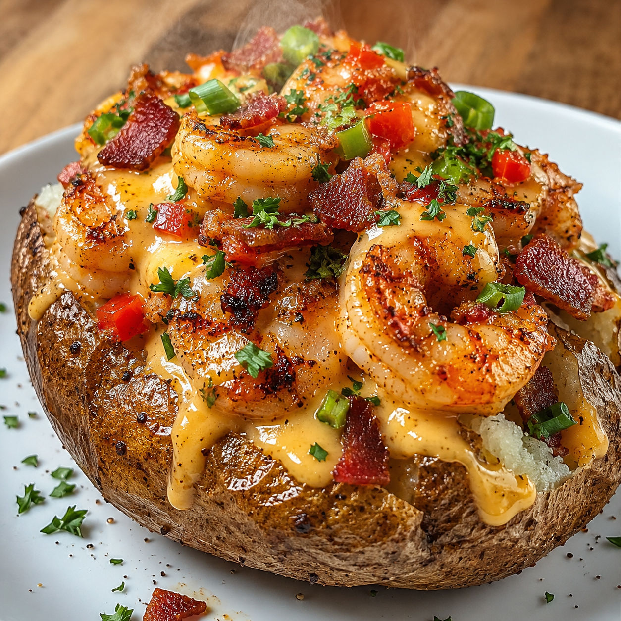Loaded shrimp bacon baked potato with golden cheese sauce and herbs