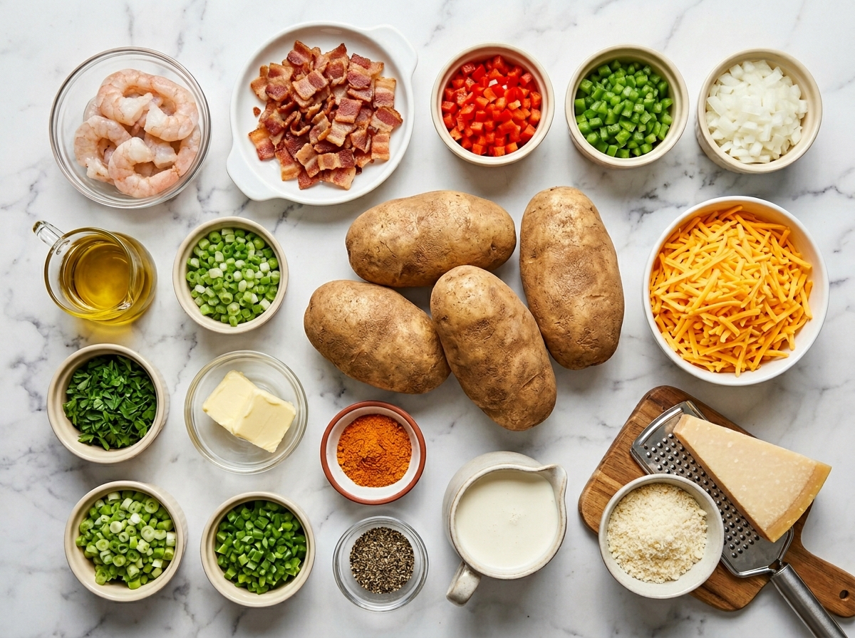 Ingredients for shrimp bacon baked potatoes with cheese sauce