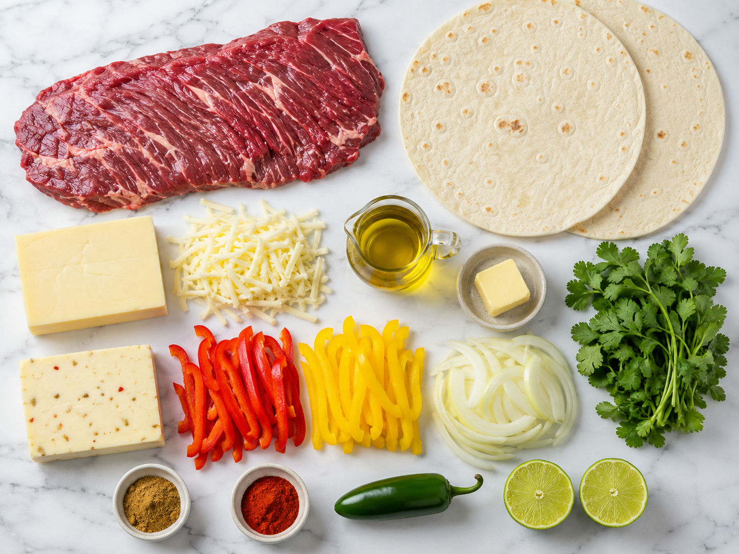 Raw ingredients for loaded steak quesadillas including skirt steak, peppers, cheeses and tortillas on a wooden board