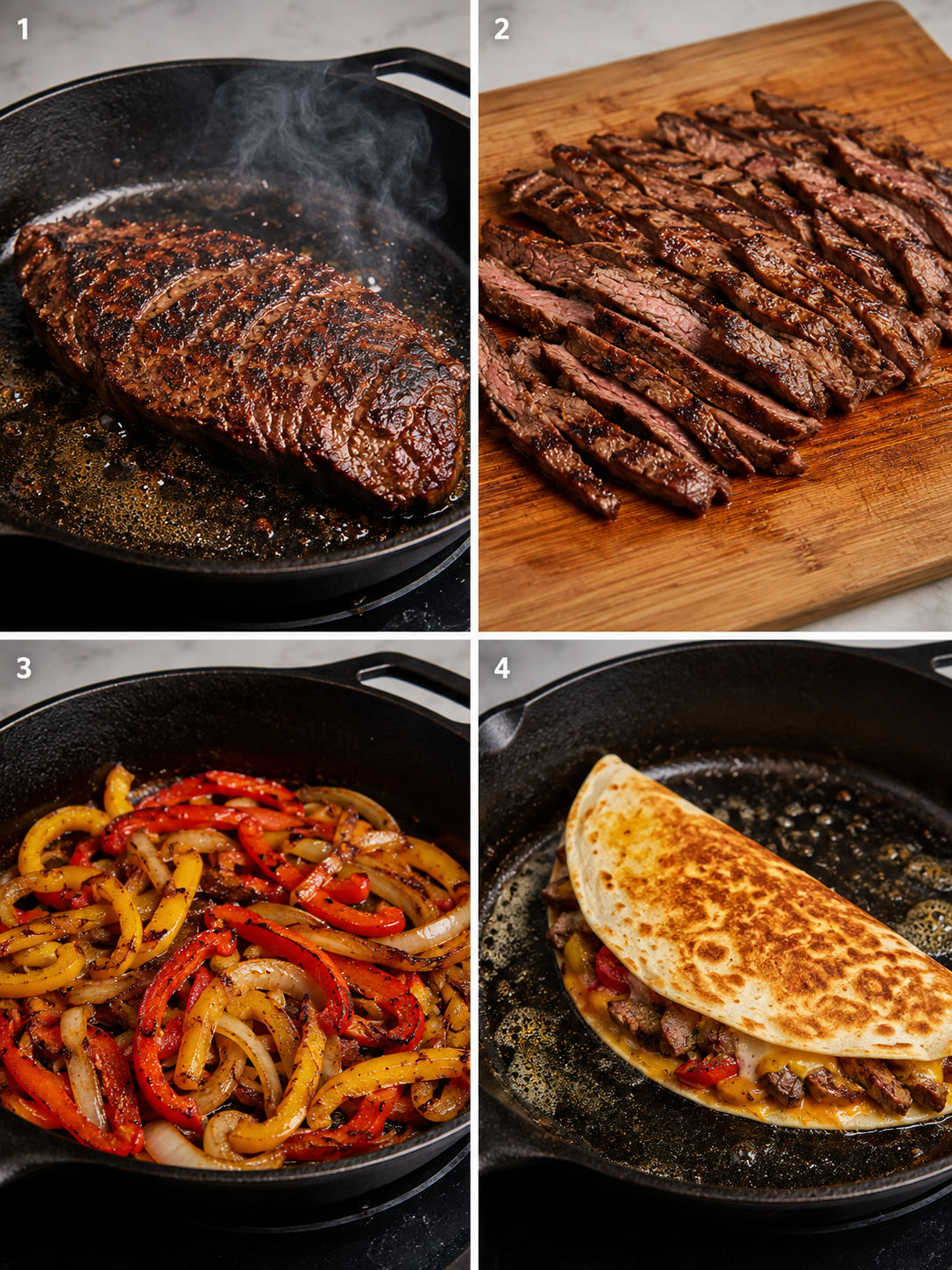Four cooking steps for loaded steak quesadillas from searing steak to golden quesadilla in a pan