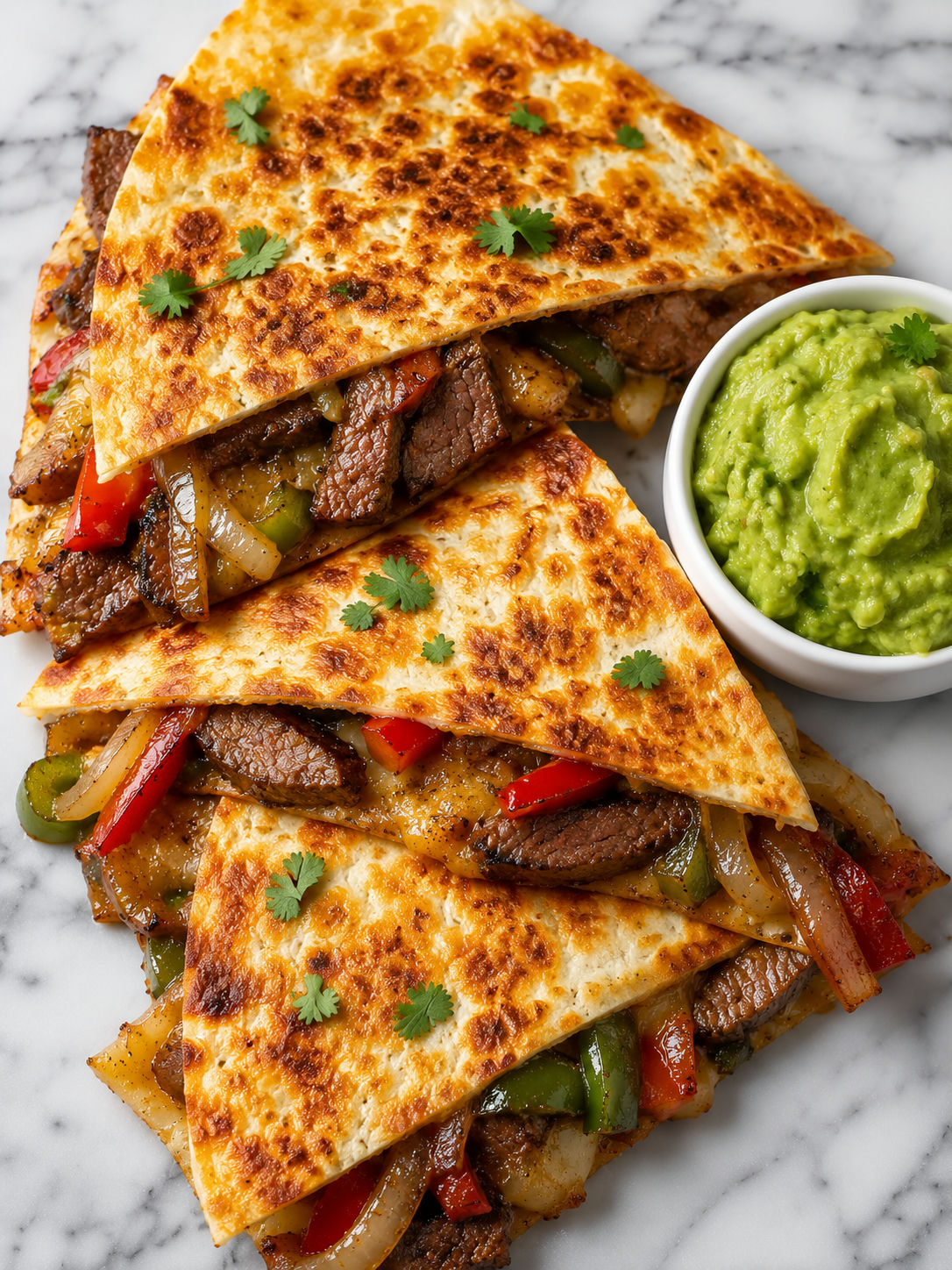 Top-down loaded steak quesadilla wedges with melted cheese pull, charred peppers and guacamole