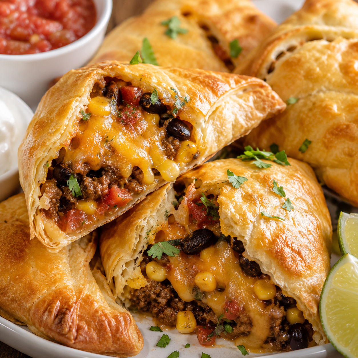 Loaded taco-stuffed cheesy pockets with beef, beans, corn, and melted cheese