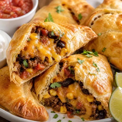Loaded taco-stuffed cheesy pockets with beef, beans, corn, and melted cheese