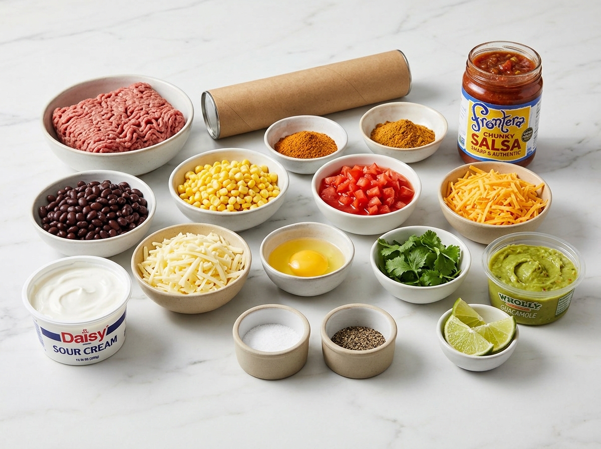 Ingredients for loaded taco-stuffed cheesy pockets on a wooden surface
