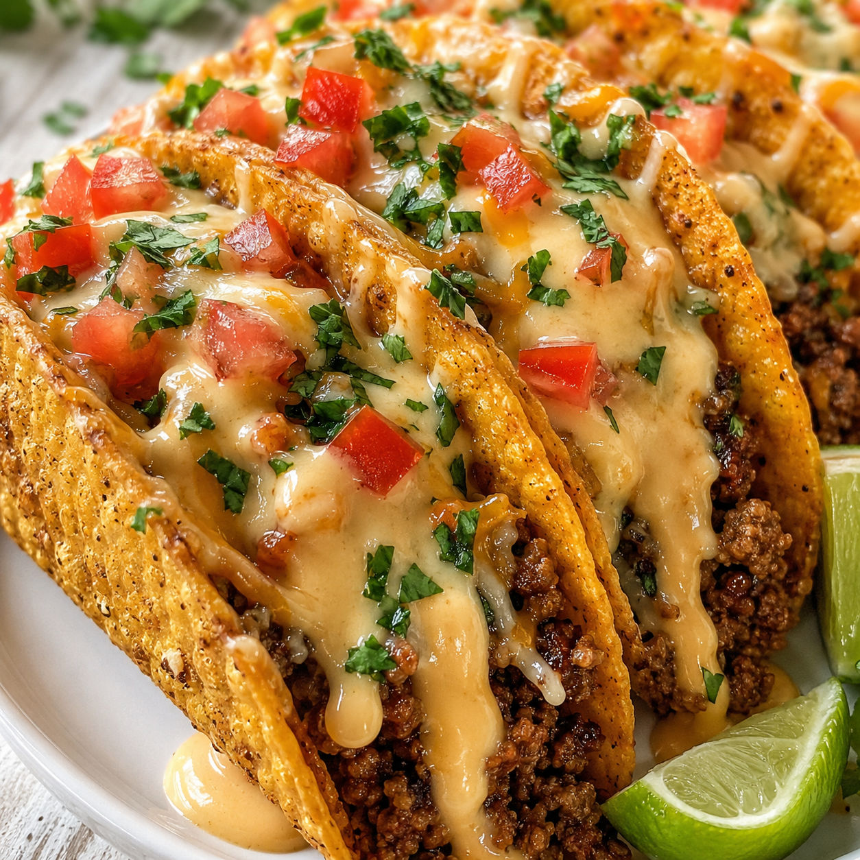Loaded beef tacos with creamy cheese sauce, tomatoes, peppers, and cilantro