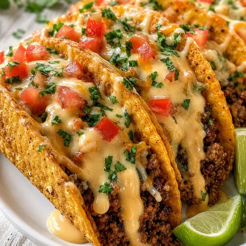 Loaded beef tacos with creamy cheese sauce, tomatoes, peppers, and cilantro