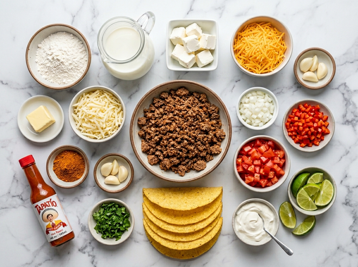 Ingredients for loaded beef tacos with creamy cheese sauce on a wood surface