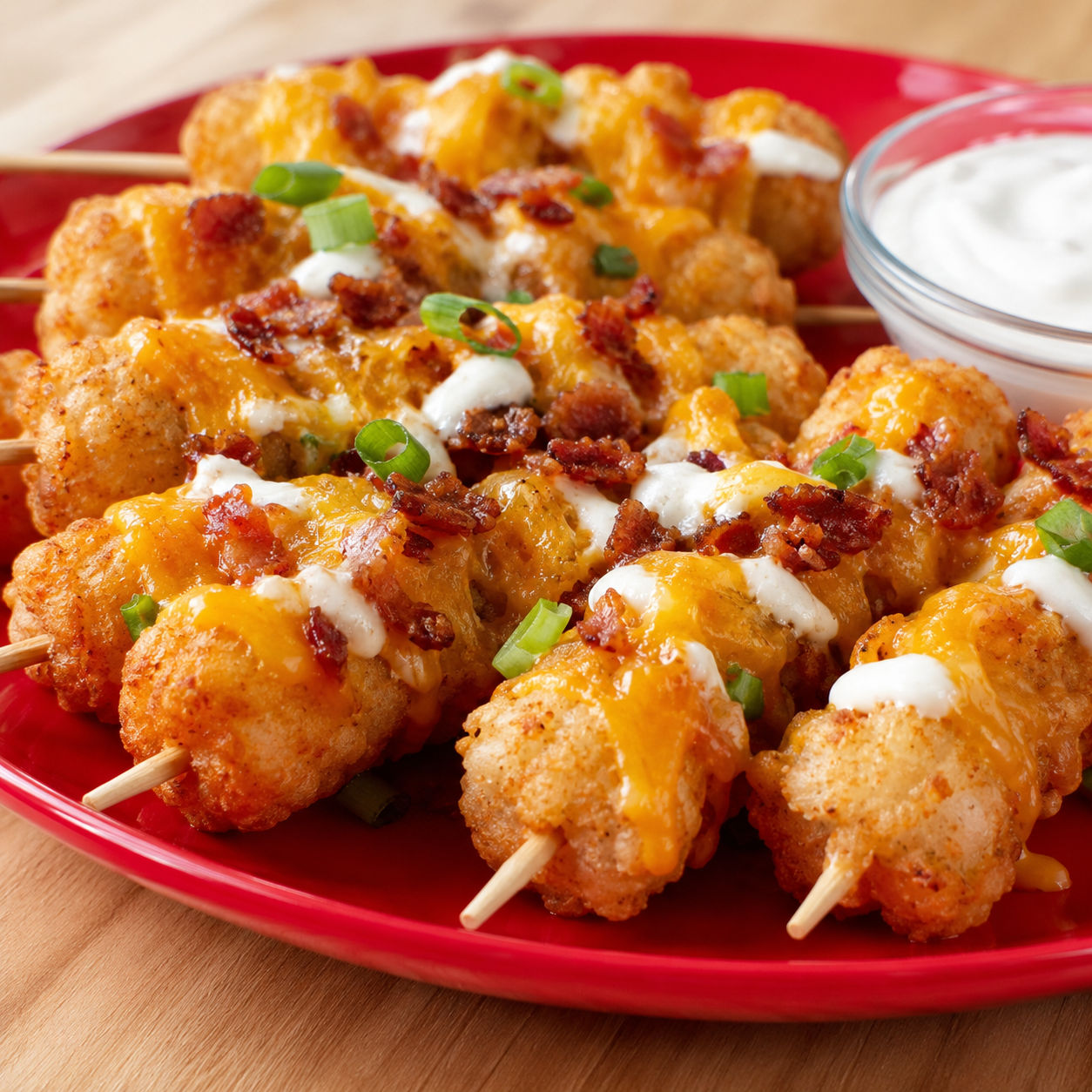 Loaded tater tot skewers with cheddar, bacon, green onions, and sour cream