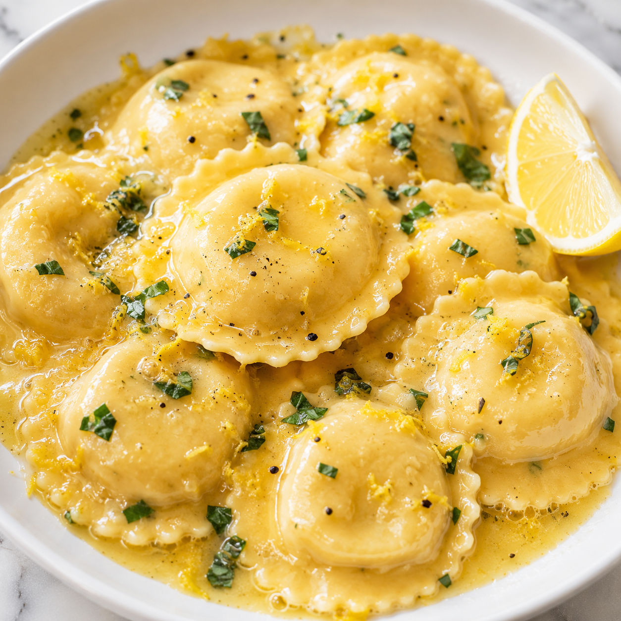 Lobster ravioli in glossy lemon butter sauce with basil and lemon zest