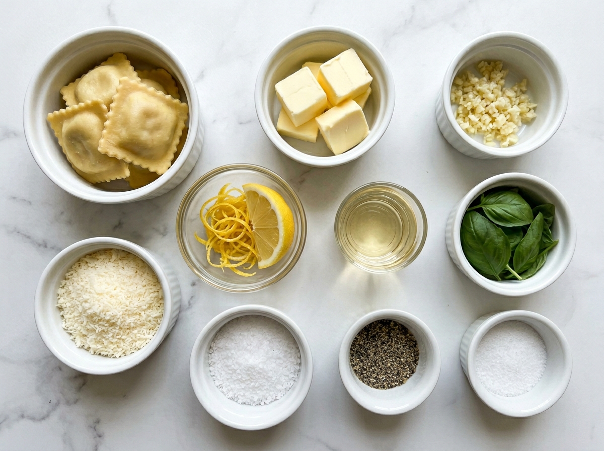 Lobster ravioli ingredients with butter, lemon, garlic, basil, and parmesan