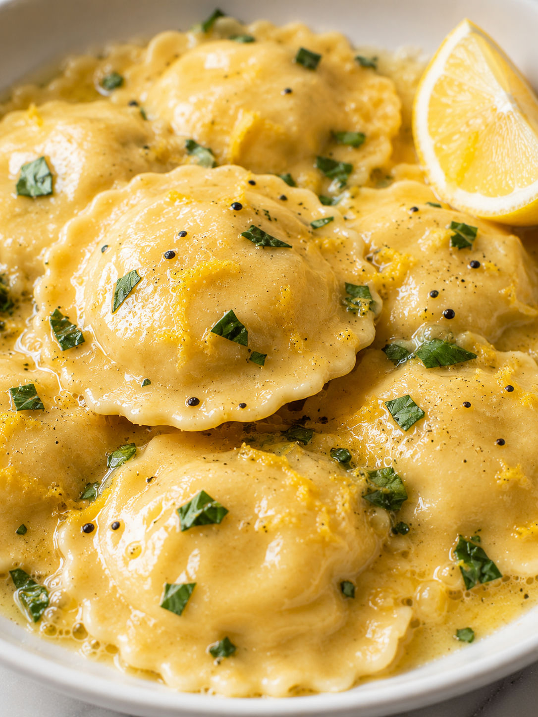 Lobster Ravioli with Lemon Butter Sauce, plated and served