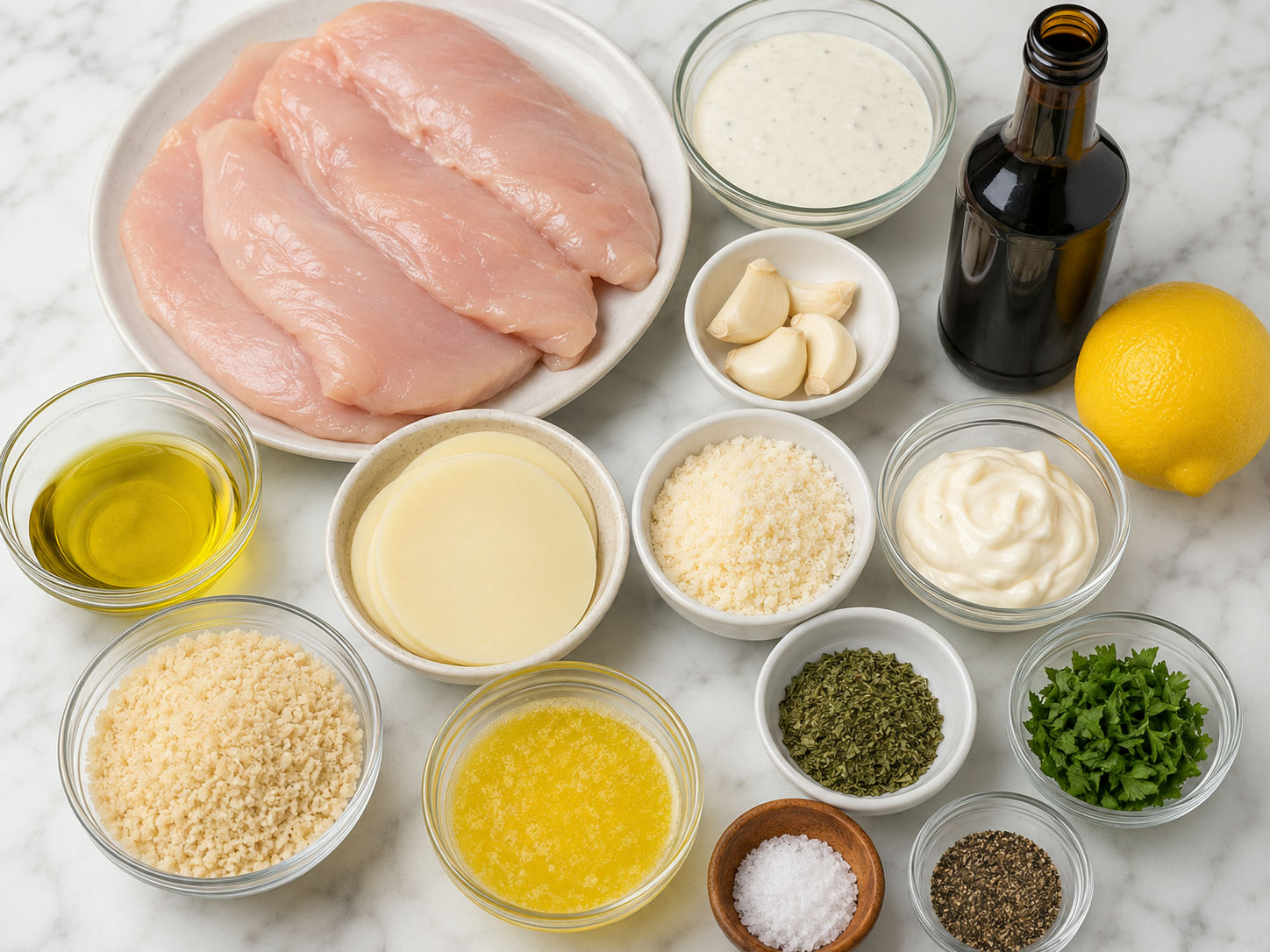 Ingredients for Parmesan crusted chicken with cheese, panko, ranch, and herbs