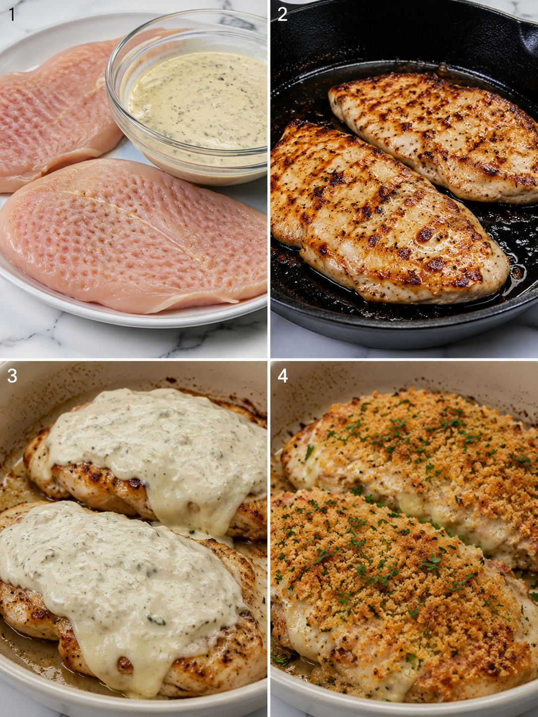 Four cooking steps for Parmesan crusted chicken from prep to broiled topping
