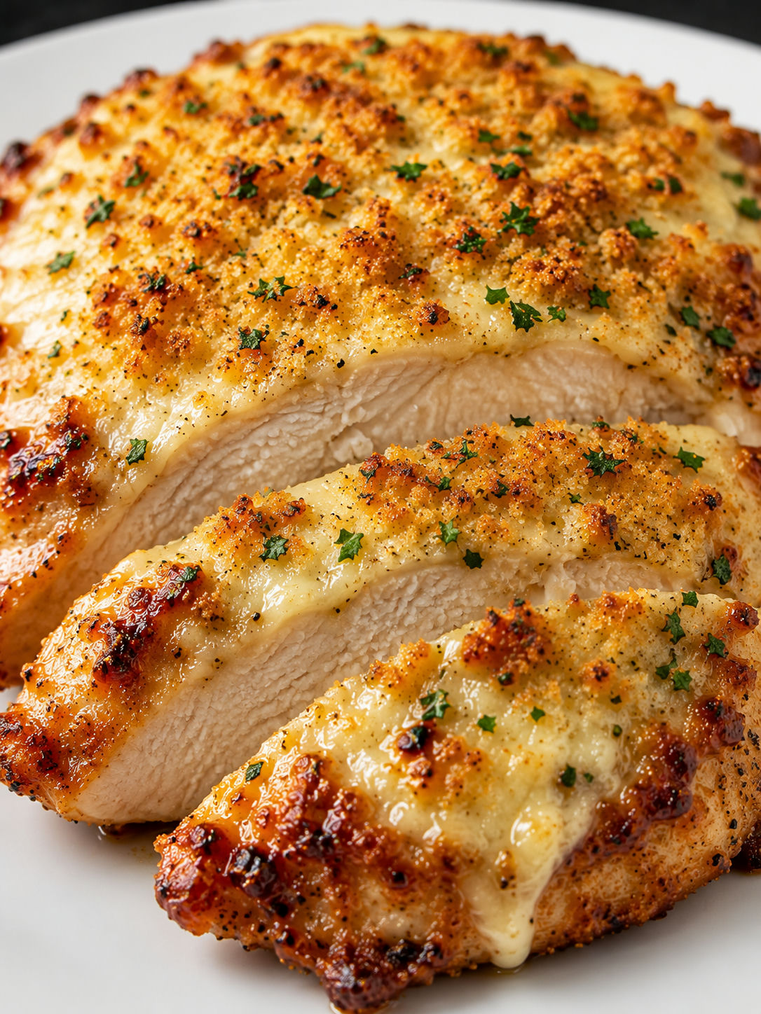 Sliced Parmesan crusted chicken with melted cheese and crisp golden topping