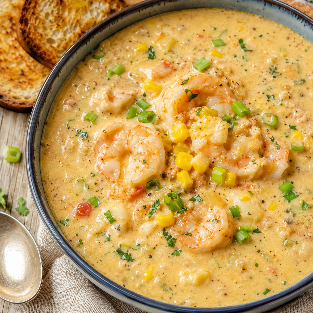 Louisiana shrimp and corn bisque with green onions and parsley