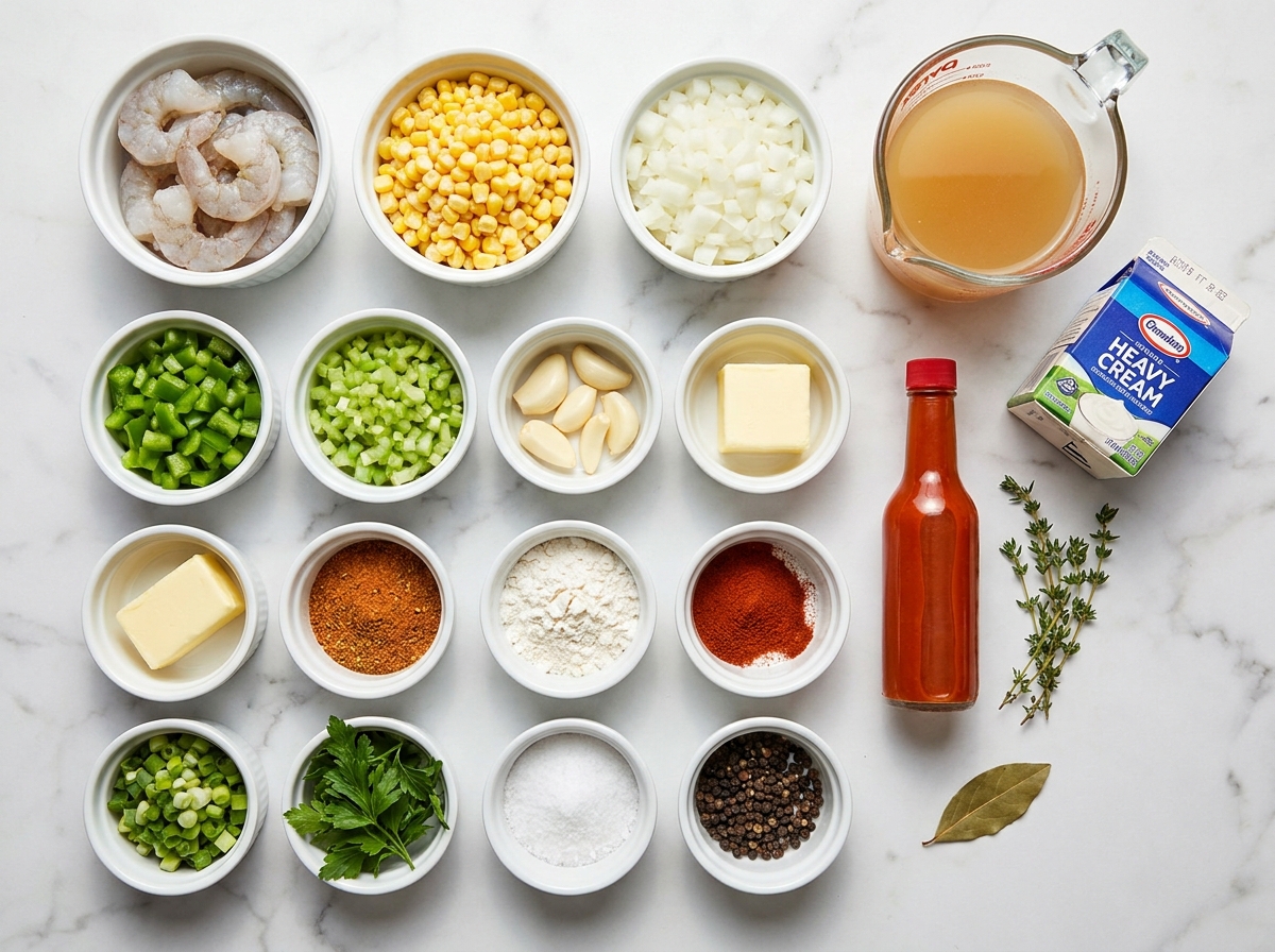 Raw shrimp, corn, vegetables, cream, and Cajun spices for bisque