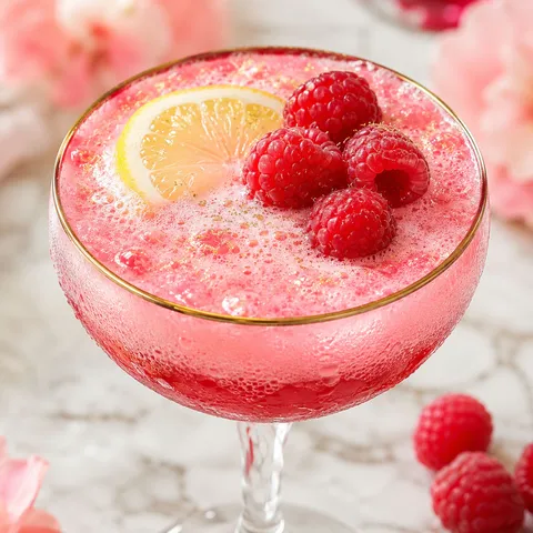 Pink Love Potion Drink with raspberry sherbet, lemon, and fresh raspberries