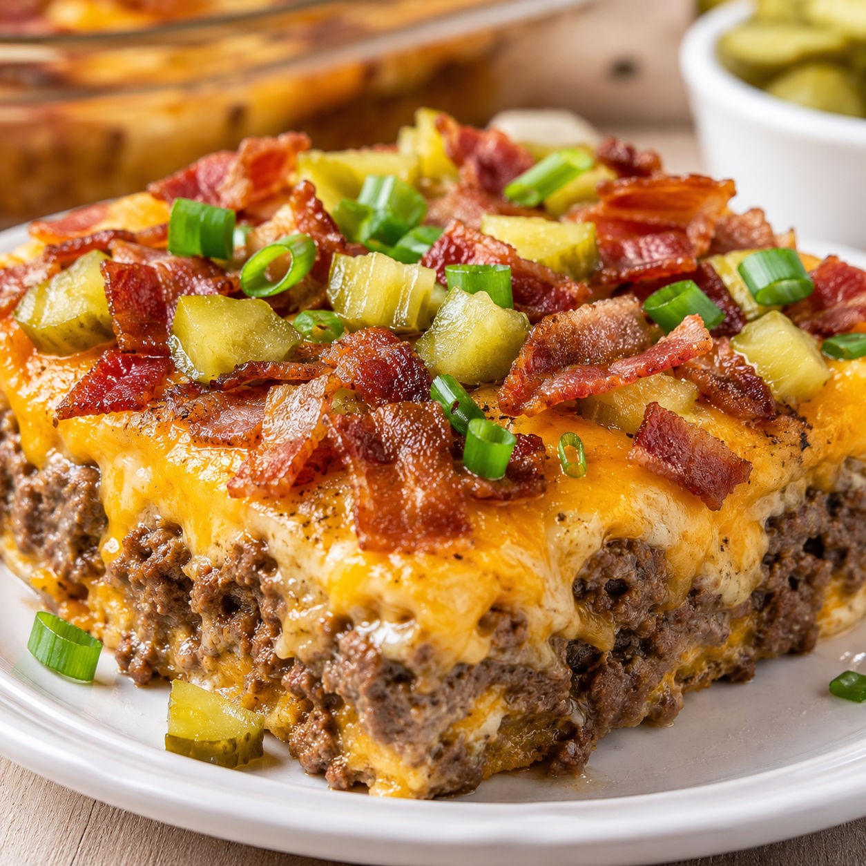 Low carb bacon cheeseburger casserole slice with cheddar, bacon, and pickles
