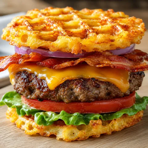 Low carb bacon cheeseburger with crispy cheddar chaffle buns and classic toppings