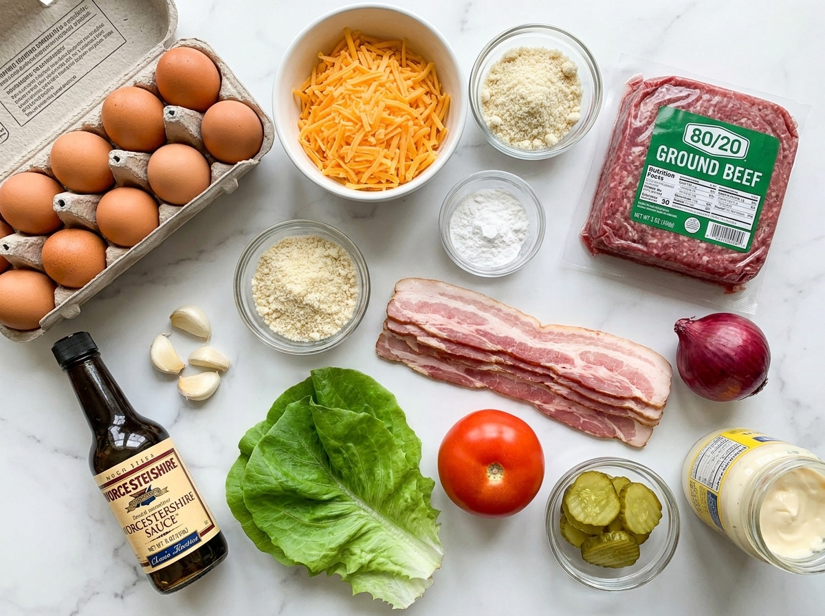 Raw ingredients for low carb bacon cheeseburger with chaffle buns on a wooden board