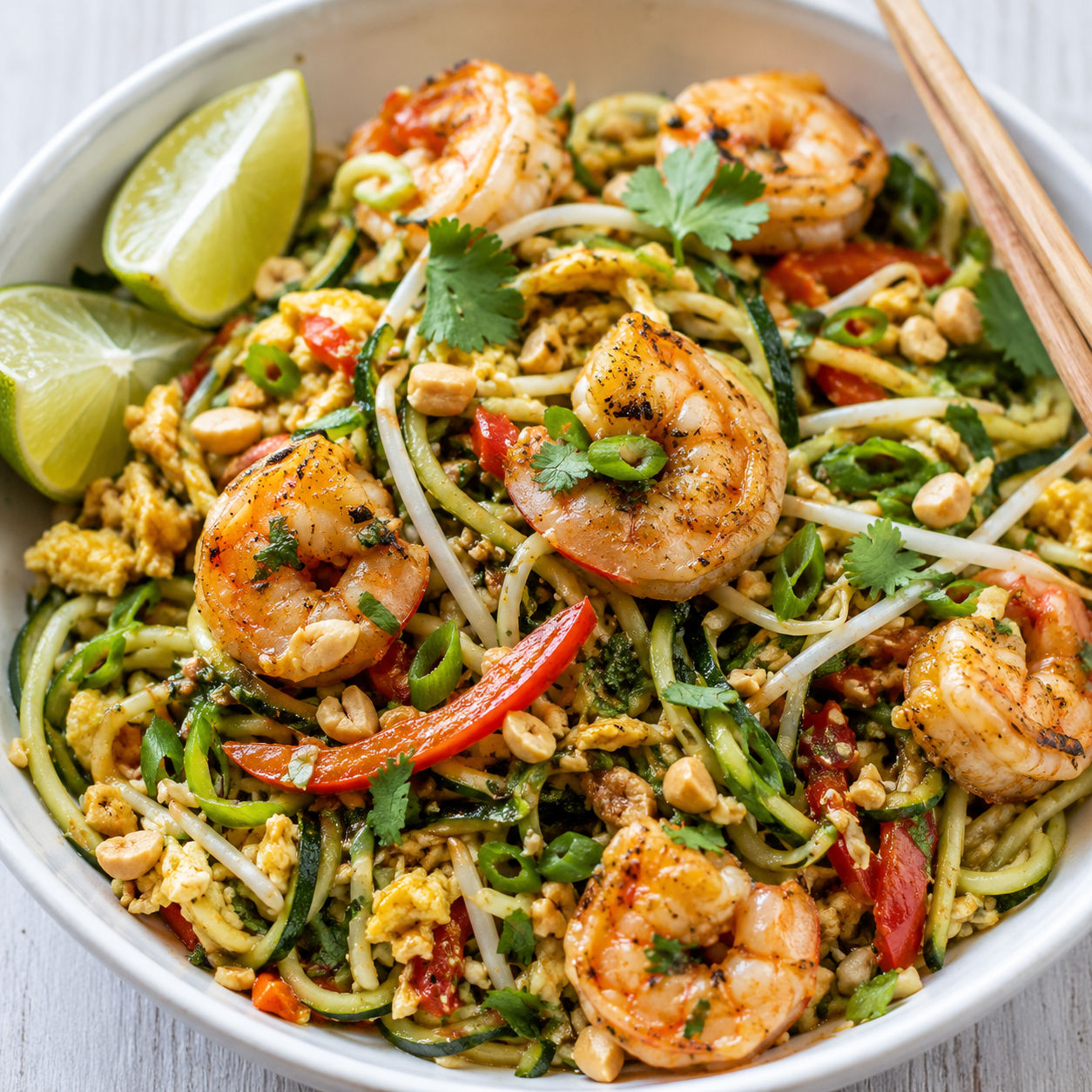 Zucchini Pad Thai with shrimp, peanuts, cilantro, and lime