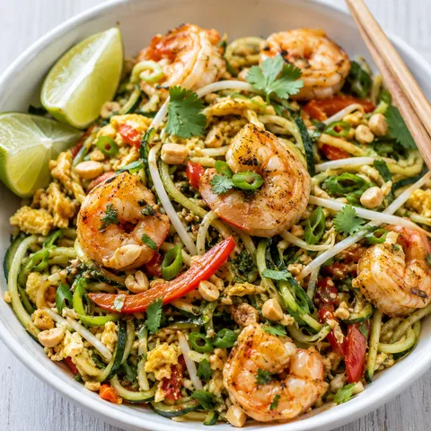 Zucchini Pad Thai with shrimp, peanuts, cilantro, and lime