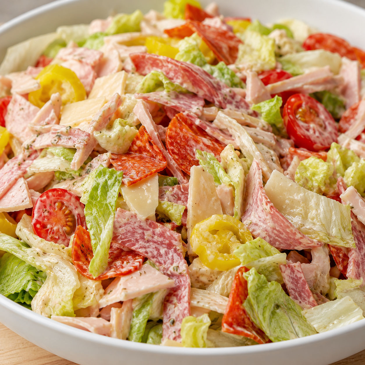 Italian grinder salad with deli meats, peppers, and creamy dressing in a white bowl