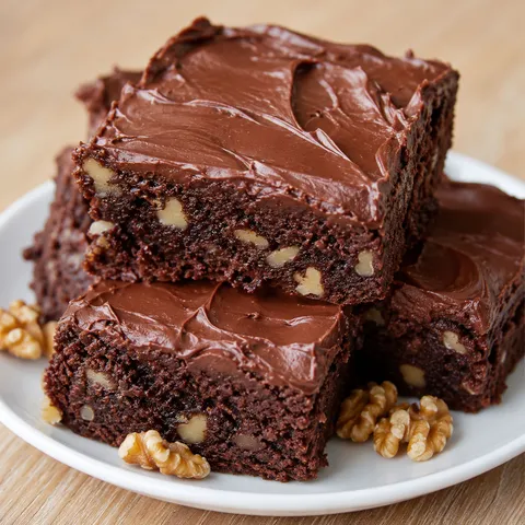 Frosted chocolate walnut brownies stacked on a white plate
