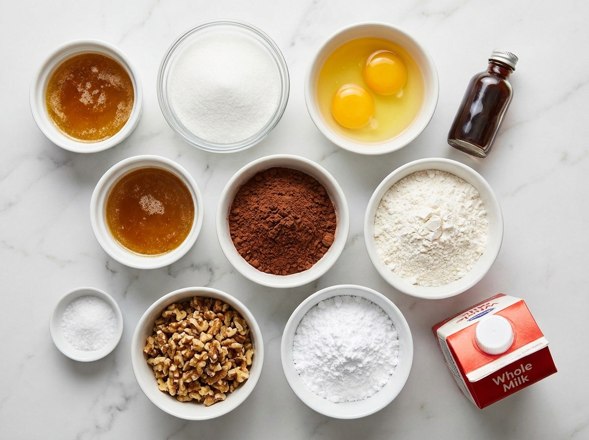 Brownie ingredients with cocoa powder, walnuts, eggs, butter, flour, and sugar