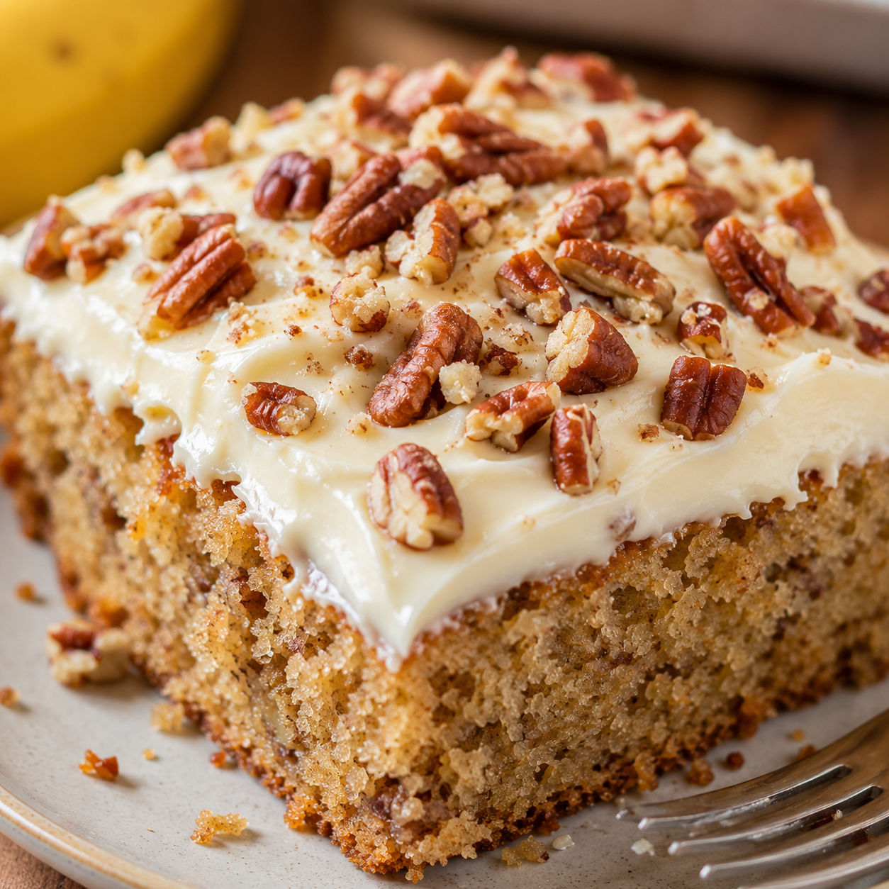 Banana pecan cake slice with cream cheese frosting and toasted pecans