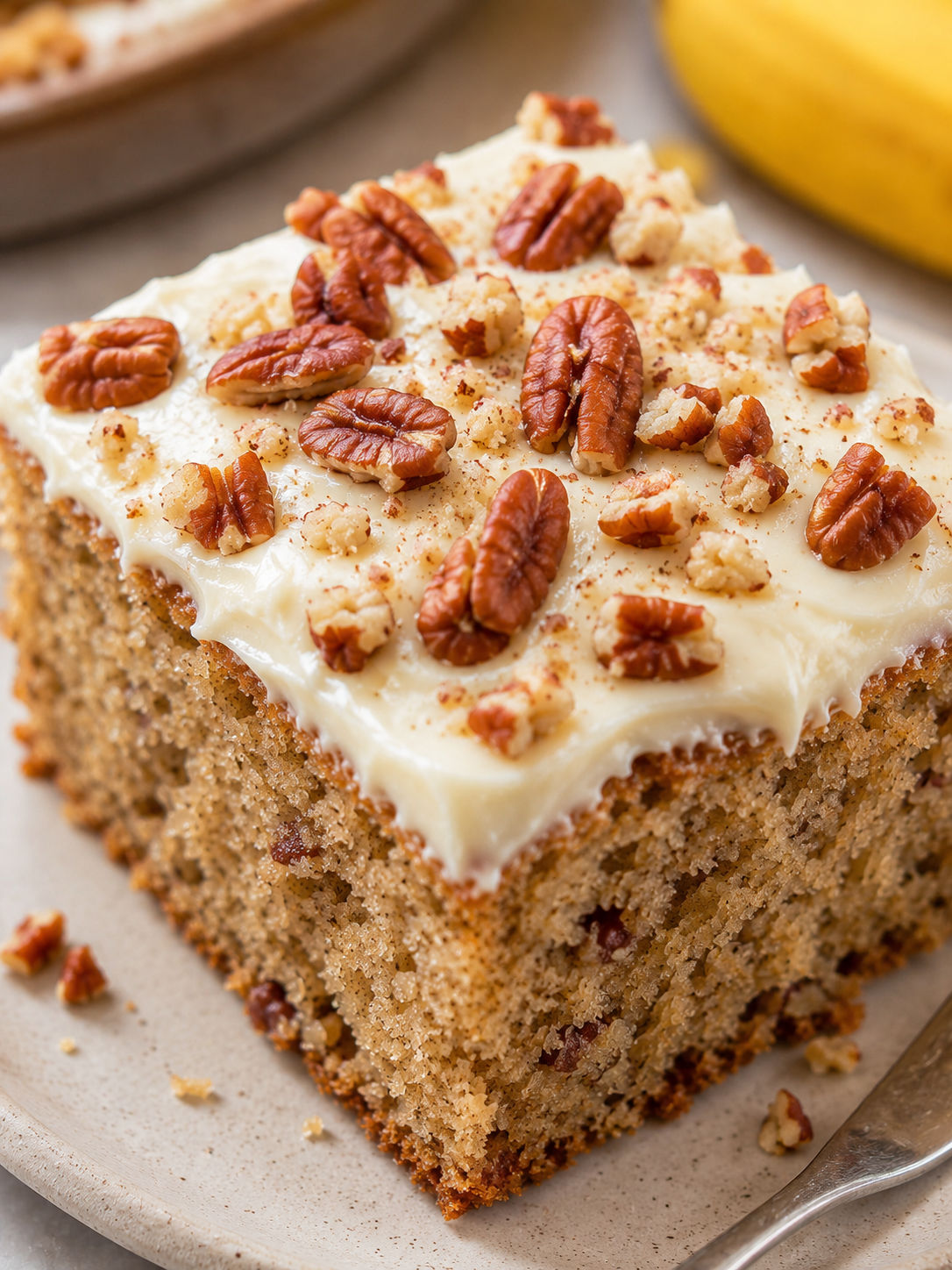 Luscious Banana Pecan Cake, plated and served