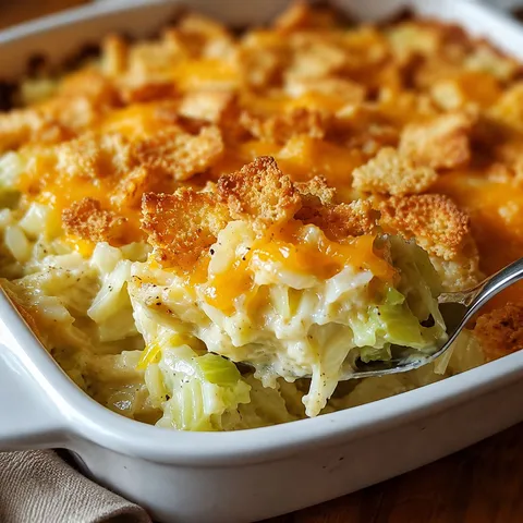 Creamy baked cabbage casserole with golden cracker cheddar topping