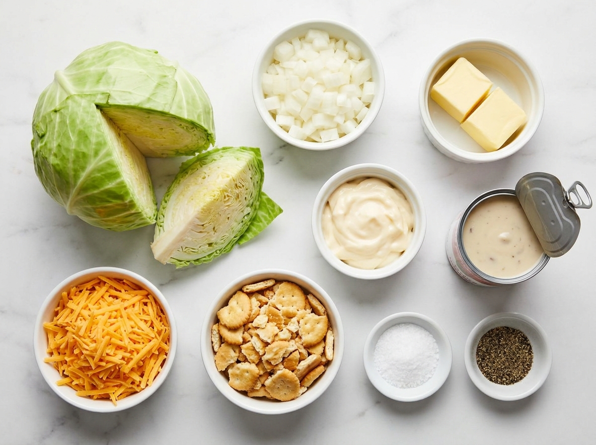 Cabbage, cheddar, crackers, butter, onion, soup, and mayonnaise for casserole