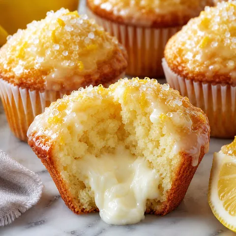Glazed lemon cream muffins with lemon zest and a creamy center