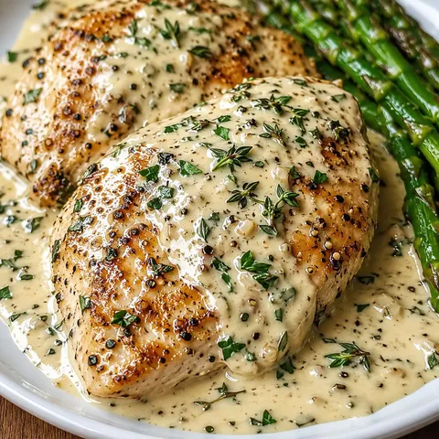 Creamy Boursin chicken with fresh herbs and asparagus on a white plate