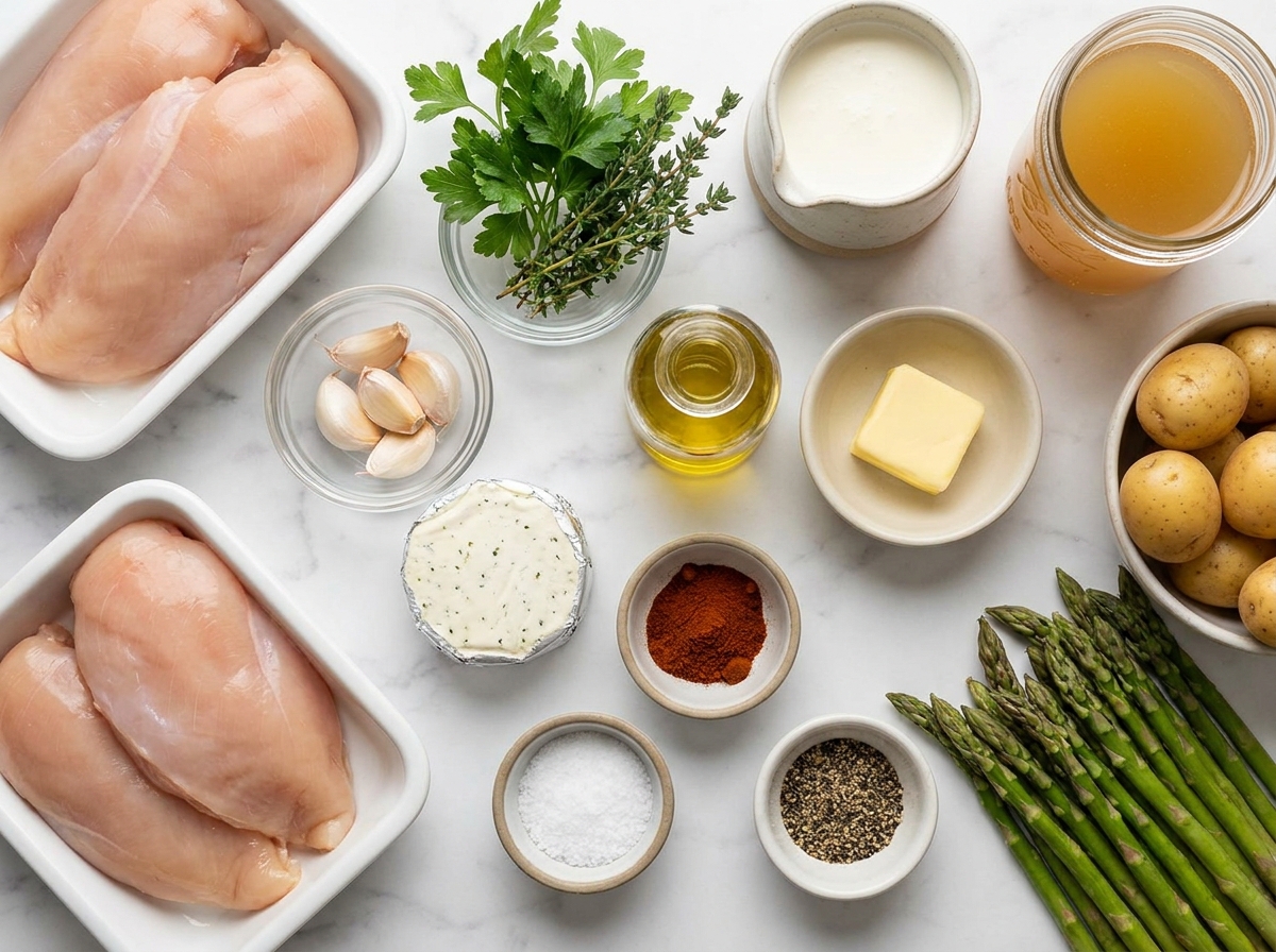 Ingredients for creamy Boursin chicken with garlic herbs and asparagus