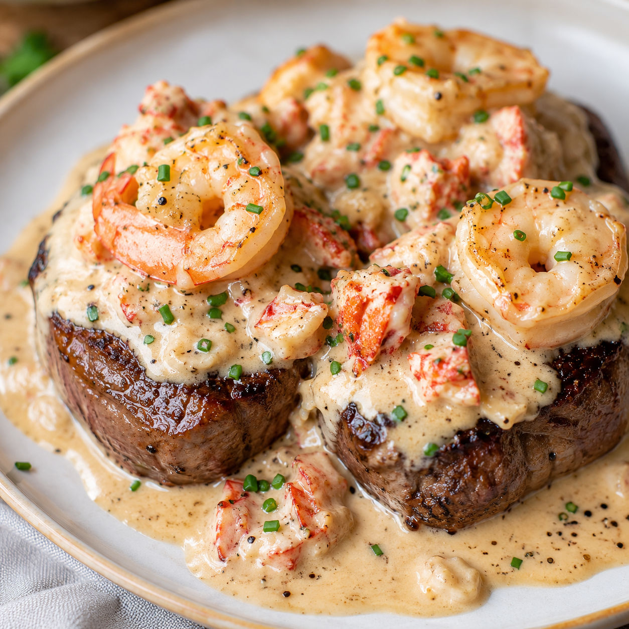 Filet mignon steaks topped with shrimp and lobster cream sauce on a white plate