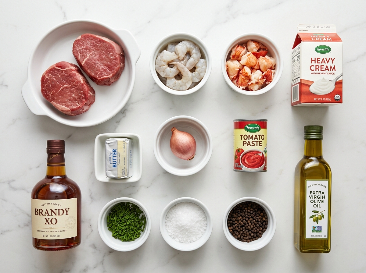 Raw filet mignon steaks, shrimp, lobster meat, cream, and brandy on marble