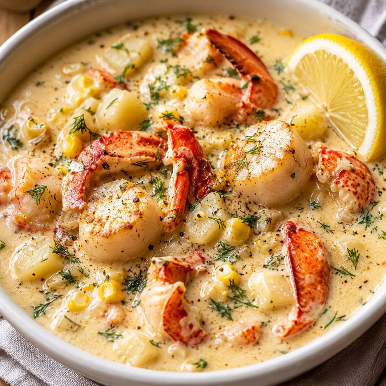 Creamy lobster and scallop chowder with dill, corn, potatoes, and lemon
