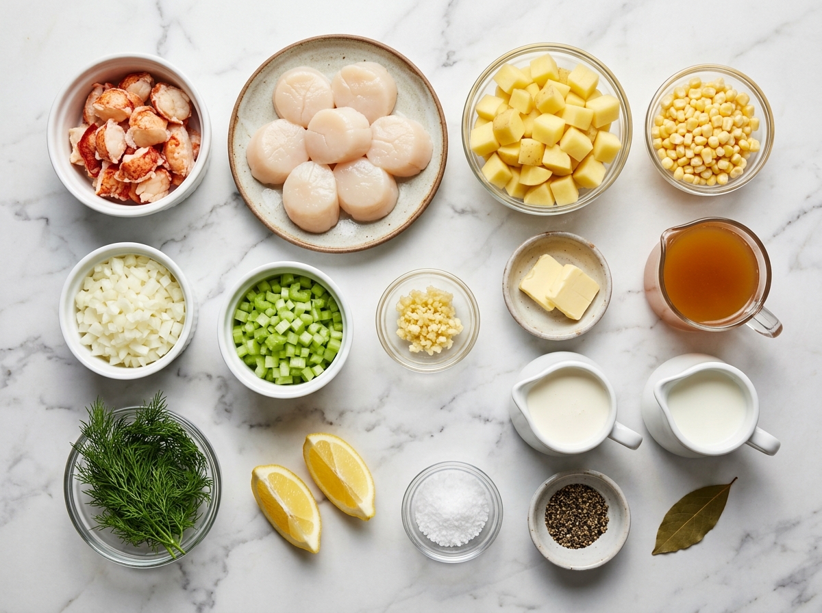 Ingredients for lobster scallop chowder with cream, potatoes, corn, and dill