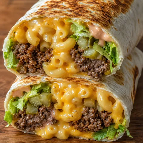 Mac and cheese burger wrap sliced open with beef, pickles, and cheddar macaroni