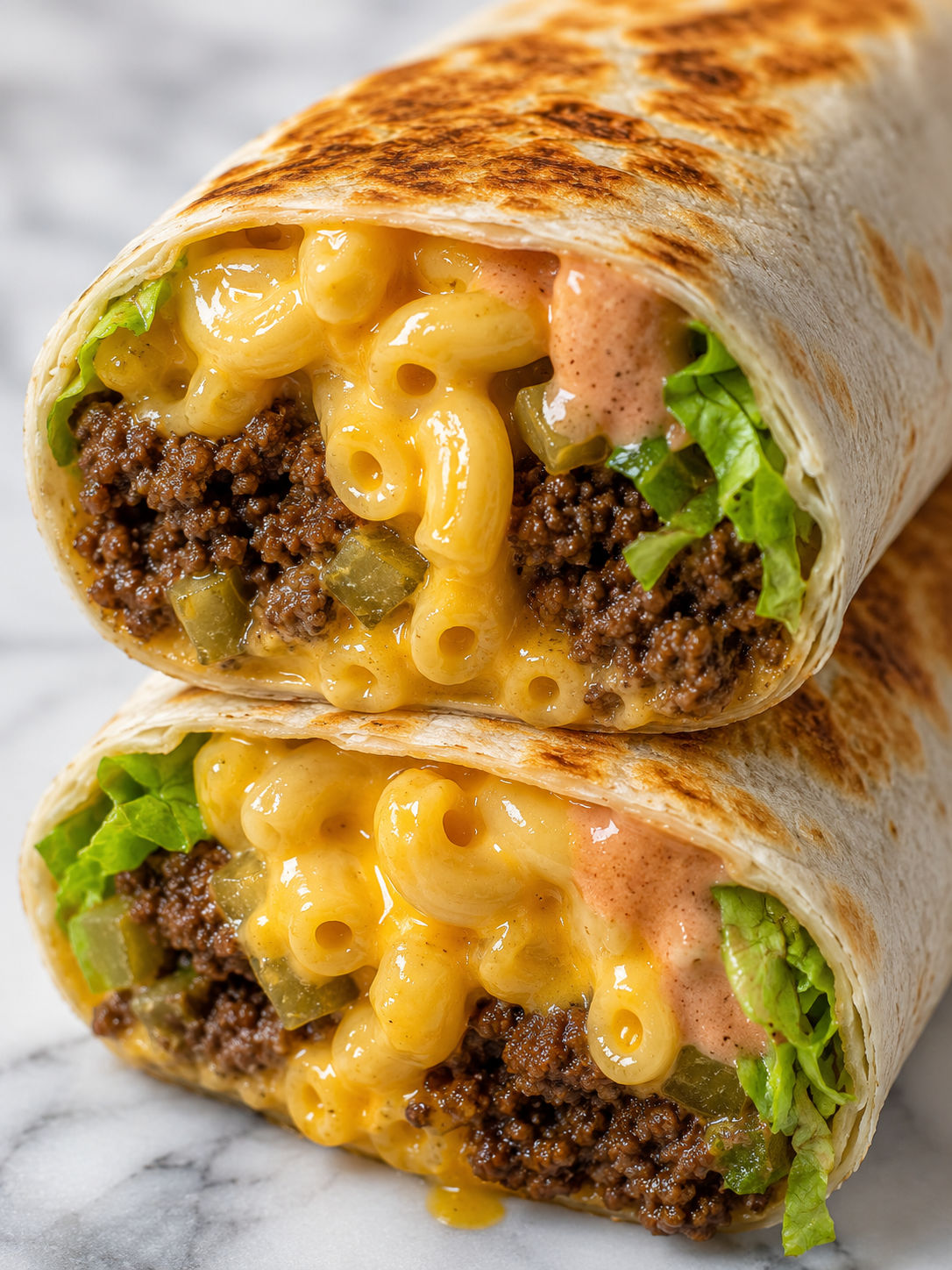 Mac 'n' Cheese Burger Wrap, plated and served
